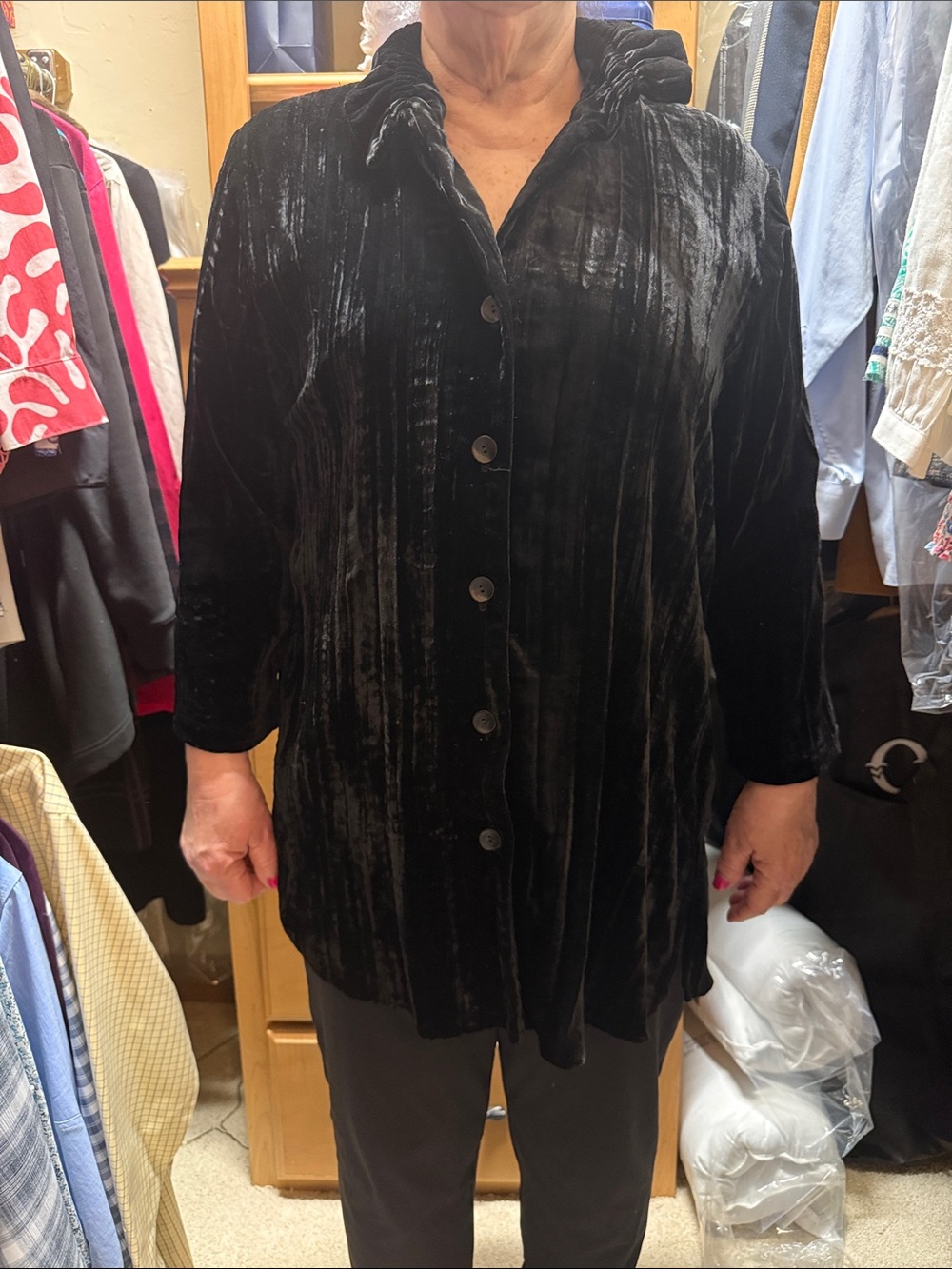Black Velvet Button-Front Tunic Shirt
